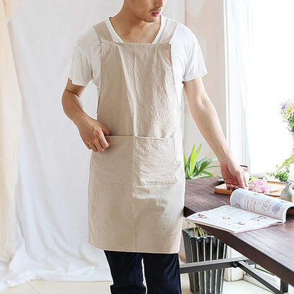 NEWGEM Japanese Linen Cross Back Cooking Aprons for Women Men with Pockets Cute for Baking Kitchen