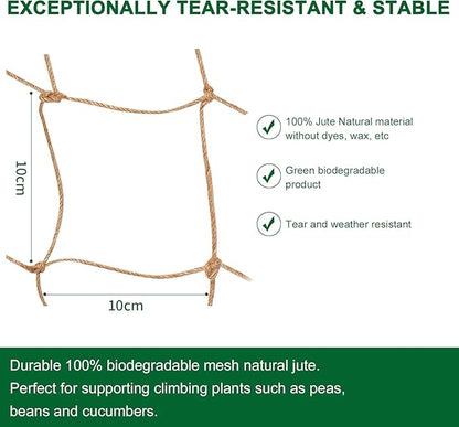 Jute Trellis Netting - Jute Netting for Garden, Heavy Duty Plant Support Netting for Climbing Plants, Cucumber, Vine, Fruits & Vegetables, Climbing Vining Plants (6.6 Ft x 9.8 Ft, 3.9 Inch Squares)