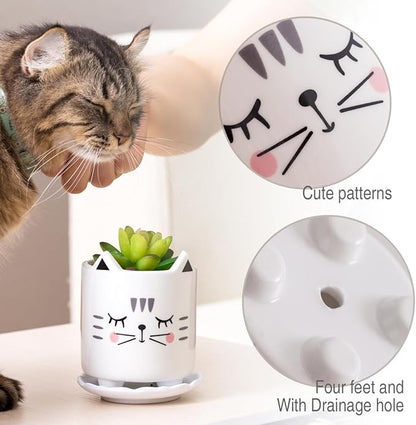 B SEPOR Set of 6 4.25inch Small Ceramic Animal Succulent Planter Porcelain Pots for Baby Succulant with Drainage and Bamboo Tray for Window Sill(Squatting Cats)