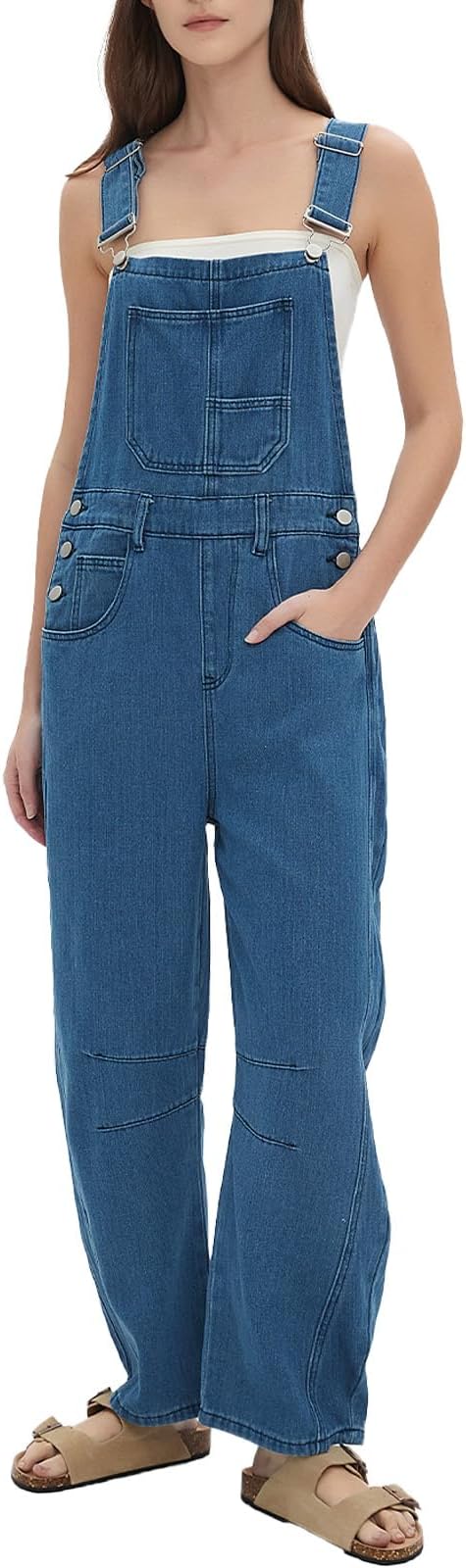 D-Sun Women's Striped Bib Overall Barrel Casual Tapered Overall Pants Wide Leg Adjustable Straps Stretch Jumpsuits