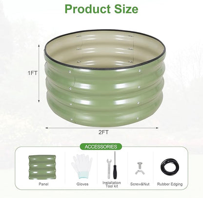 Galvanized Raised Garden Bed- 2Pcs 2x2x1FT Metal Planter Boxes Outdoor | Round Steel Raised Bed Kit & Fire Pit Ring for Gardening with Protective Tape, Gloves for Vegetables, Flower (Green)
