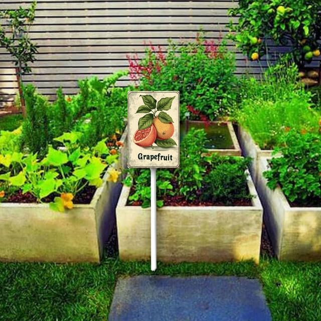 Uptell Vintage Aluminum Grapefruit Fruit Signs Yard Sign with Stake for Garden Fruit Garden Label Stakes Plant Markers for Outdoor Plants Waterproof 8x12 inch