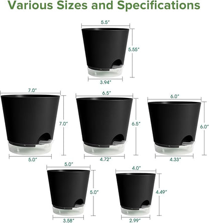 GARDIFE 2026 Upgraded Self Watering Plant Pots with Drainage Hole, 7/6.5/6/5.5/5/4 Inch Flower Planting Containers for House Plants, African Violet, Flowers, Cactus (Black, 7+6.5+6+5.5+5+4 inch)