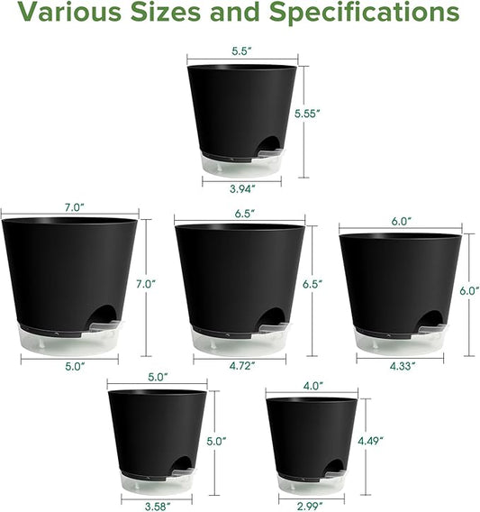 GARDIFE 2026 Upgraded Self Watering Plant Pots with Drainage Hole, 7/6.5/6/5.5/5/4 Inch Flower Planting Containers for House Plants, African Violet, Flowers, Cactus (Black, 7+6.5+6+5.5+5+4 inch)