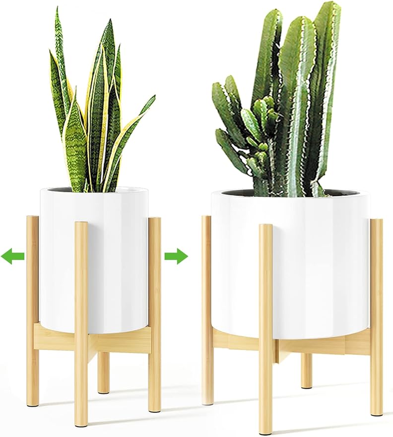 MUDEELA Plant Stand for Indoor Plants: Adjustable Width Fits 8-12 Inch Pots - Mid Century Modern Bamboo Plant Stand - 14.5 Inch Single Tier Small Floor Plant Holder, Natural, 1 Pack (Without Pot)