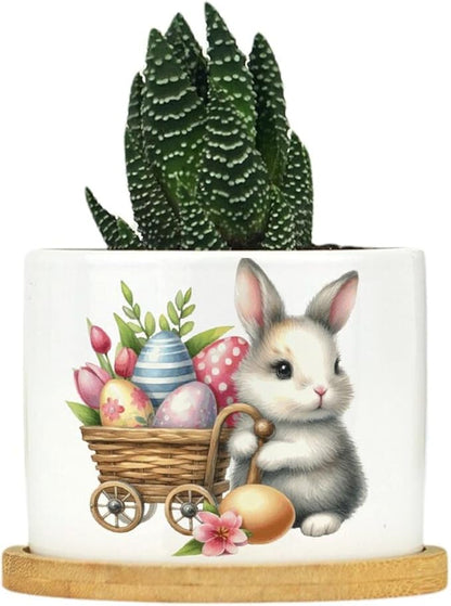 DreamAutumn Easter Bunny with Eggs Planter Ceramic Round Plant Pots with Drainage Holes and Bamboo Tray Planting Small Flower Pots for Home Windowsill Desk Garden Indoor Outdoor Use