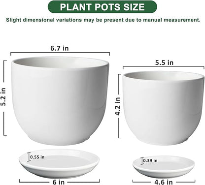 6.7 + 5.5 Inch Plant Pot, Ceramic Planter with Drainage and Saucer, Ceramic Pots for Plants, Indoor Plant pots,Succulent Pot Orchid Pots(Smooth White,Plant Pot Only)
