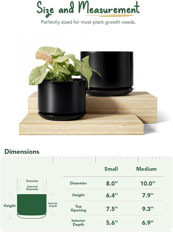 LE TAUCI Ceramic Plant Pots, Set of 2, 8+10 Inch Plant Pots Indoor with Drainage Hole & Saucer, Sturdy Planters for Indoor Plants, Modern Minimalist Decor for Snake Plant, Monstera, Black