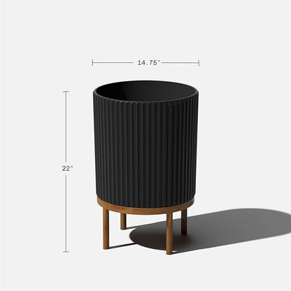 Veradek Demi Series Round Planter w/ Stand for Porch/Patio | Durable Plastic-Concrete & Wooden Stand | Modern Décor for Tall Plants, Flowers