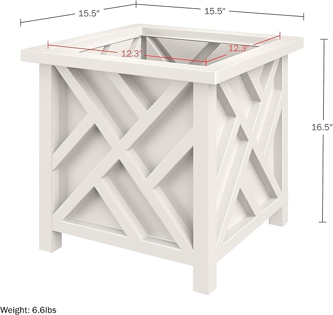 Lattice Design Outdoor Planter Box - 15.5” Square White Plant Pot - Decorative Plant Pots for Front Porch Decor - Flower Pots Outdoor Planters for Porch Patio or Garden Decor by Pure Garden
