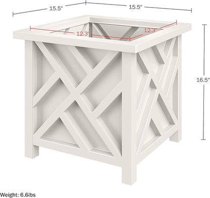 Lattice Design Outdoor Planter Box - 15.5” Square White Plant Pot - Decorative Plant Pots for Front Porch Decor - Flower Pots Outdoor Planters for Porch Patio or Garden Decor by Pure Garden