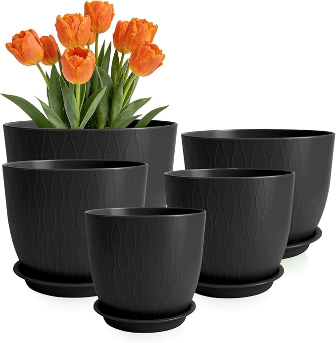 GARDIFE Plant Pots 10/9/8/7.5/7 Inch Plant Pots, Set of 5 Plastic Planters with Drainage Holes and Saucers,Plastic Flower Pots,Nursery Planting Pot for Indoor Out Door Plants (Black)