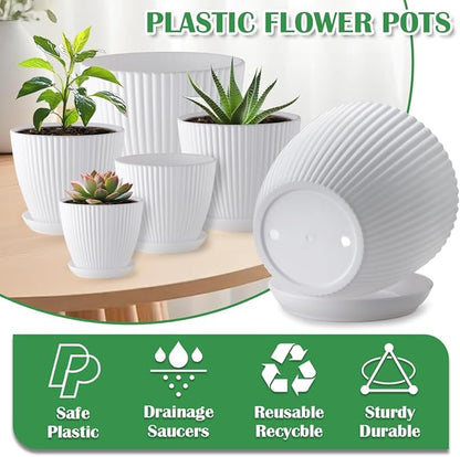 7.5/6.5/5.5/4.9/4.2/3.5 Inch Plant Pots with Drainage Holes and Saucer, Plastic Flower Pots for Indoor Plants, Lightweight Planter Pots for Plants, White