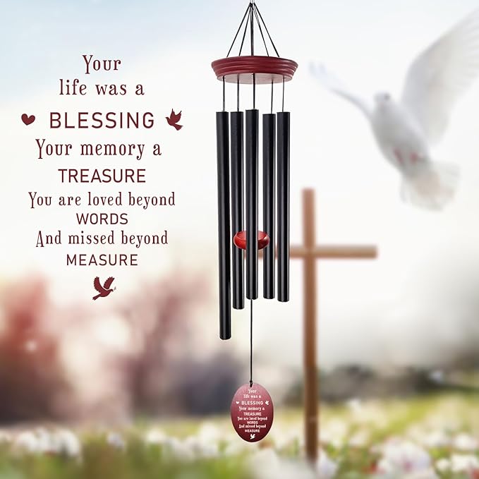 windchimes Sympathy Memorial Wind Chimes – 33" Tuned Wind Chime with “Your Life was a Blessing” Saying, Red Wood Wind Sail for Loss of Loved One, Bereavement Gift for Mom, Dad, Grandma or Friend
