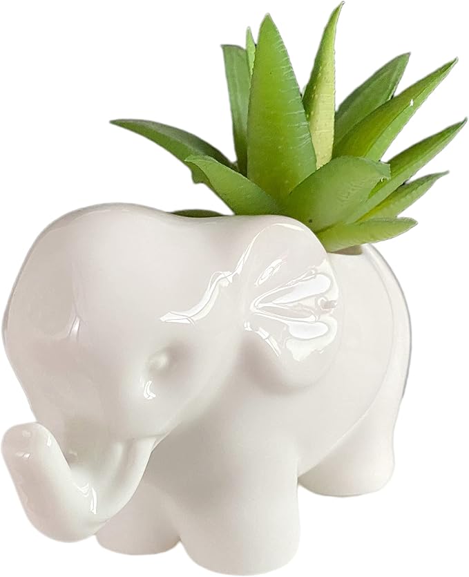 Cute Animal Elephant Shaped Ceramic Succulent Cactus Air Plant Flower Pots Planters-Plant Not Included (Small White)