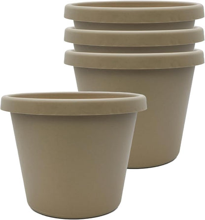The HC Companies 6 Inch Prima Round Planter Pots with Drainage Holes and Rolled Rim, Lightweight UV-Resistant Plastic Indoor & Outdoor Planters, 4-Pack Flower Pots for Garden & Home Decor, Sandstone