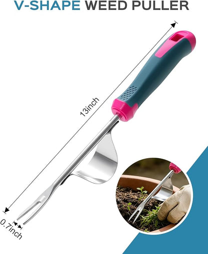 2026 Upgraded Weed Puller Tool, Stainless Steel Hand Weeder，Leverage Base & V-Shaped Forks for Easy Weed Removal & Deep Root Digging, Ergonomic Soft Grip Handle Manual Weeding Tool for Garden and Lawn