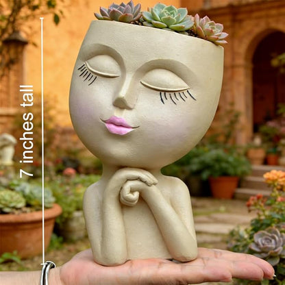 Face Head Planter, Funny Heads Plant Pots, Cute Girl Faces Plant Pot, Decorative Flower Pots, Cute Succulent Pots with Drainage for Home Garden Decor, Plant Lover's Gifts for Women (7" Khaki)