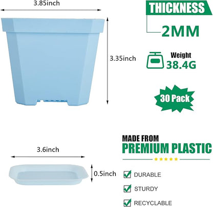 foxany 4" Nursery Pot, 30 Pcs Thick Plastic Square Planting Pots, Plant Seedling Pots, Seed Starting Pots with 30 Saucers - Multi
