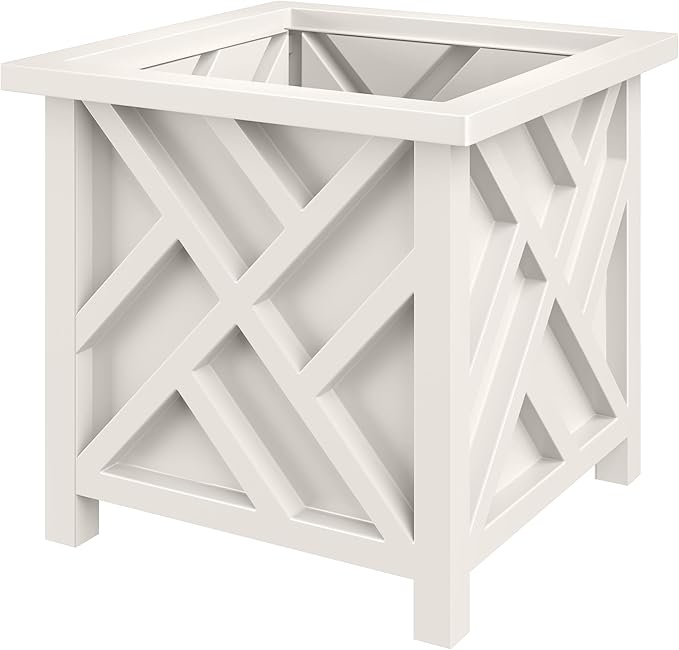 Lattice Design Outdoor Planter Box - 15.5” Square White Plant Pot - Decorative Plant Pots for Front Porch Decor - Flower Pots Outdoor Planters for Porch Patio or Garden Decor by Pure Garden