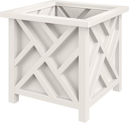 Lattice Design Outdoor Planter Box - 15.5” Square White Plant Pot - Decorative Plant Pots for Front Porch Decor - Flower Pots Outdoor Planters for Porch Patio or Garden Decor by Pure Garden