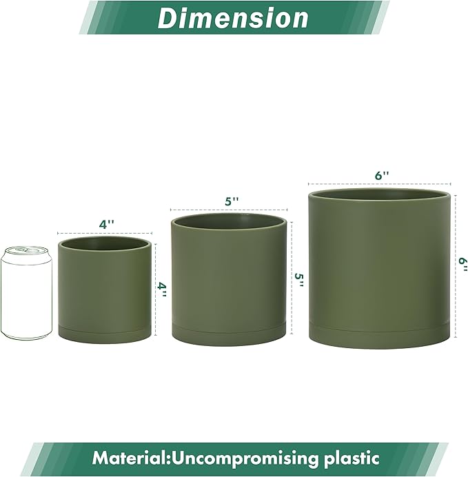 D'vine Dev 4 Inch 5 Inch 6 Inch, Set of 3 Plastic Planter Pots for Plants with Drainage Hole and Seamless Saucers, Olive, Small, 74-V-I-1