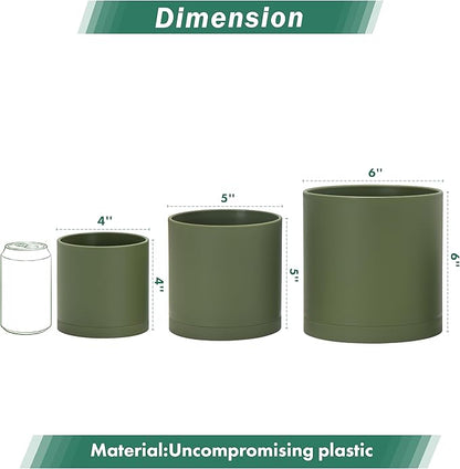 D'vine Dev 4 Inch 5 Inch 6 Inch, Set of 3 Plastic Planter Pots for Plants with Drainage Hole and Seamless Saucers, Olive, Small, 74-V-I-1