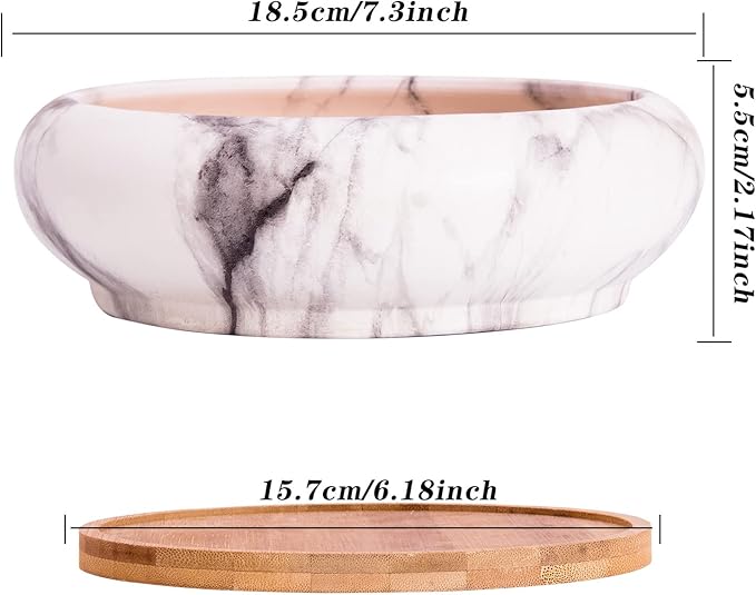 ARTKETTY Succulent Pots - 7.3 Inch Large Bonsai Pots with Drainage Tray, Ceramic Pots for Indoor Plants, Shallow Succulent Planters Marble Cactus Flower Plant Container Bowl