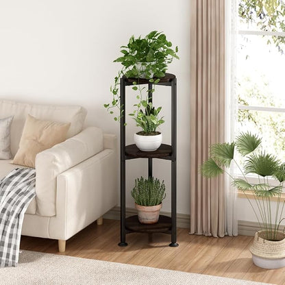 Plant Stand Indoor Outdoor 2 Tier Tall Metal Corner Storage Tiered Plant Shelf Holder Multiple for Living Room Balcony Garden,Black (3 Tier-Black Oak Round)