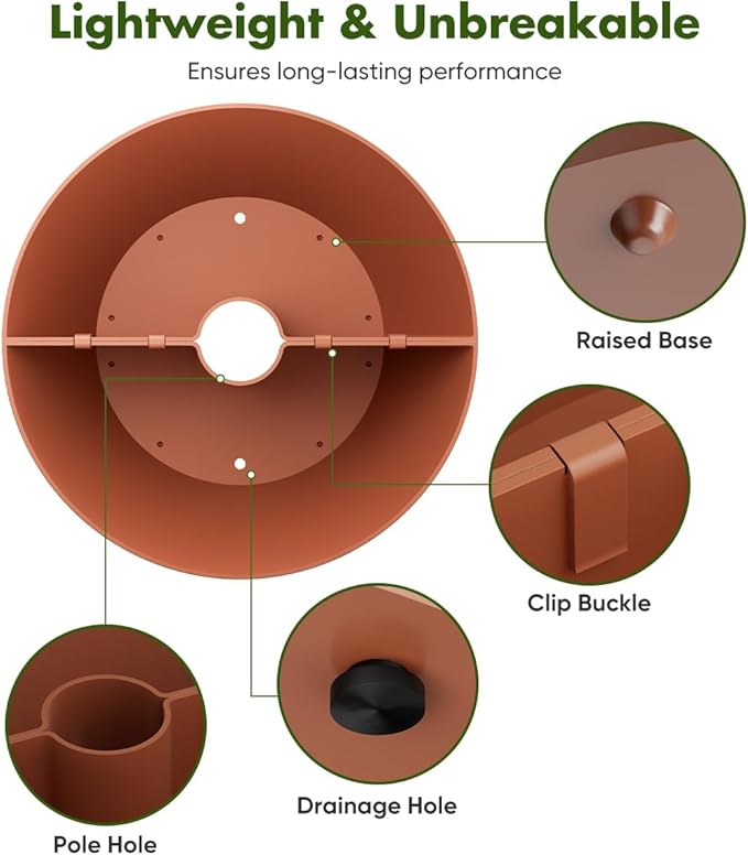 Koutemie 2-in-1 Umbrella Planter for Patio Table & Pole, Half Round Flower Planters Pots with Umbrella Hole Fits Poles Up to 2” Diameter, PVC Post Planter Wrap Around Umbrella for Garden, Brown