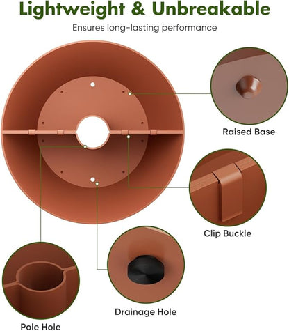 Koutemie 2-in-1 Umbrella Planter for Patio Table & Pole, Half Round Flower Planters Pots with Umbrella Hole Fits Poles Up to 2” Diameter, PVC Post Planter Wrap Around Umbrella for Garden, Brown