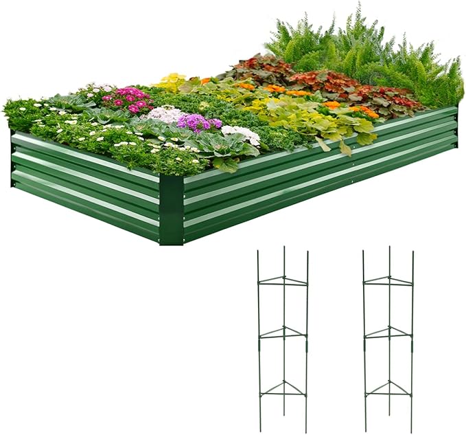 Quictent Galvanized Raised Garden Bed 8x4x1 Ft Metal Planter Box for Vegetables Bottomless for Backyard, 2 Tomato Cages Included, Dark Grey, 2PCS