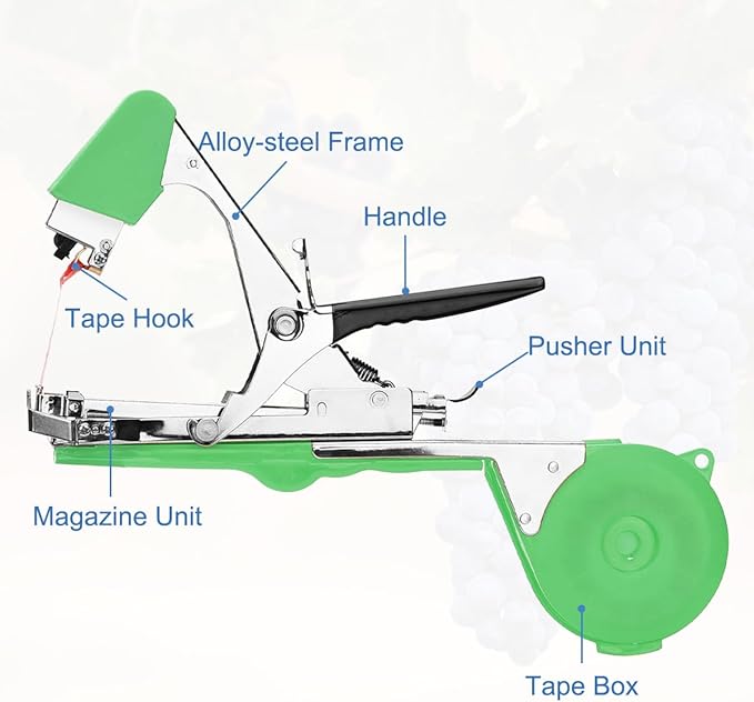 FUNTECK Plant Tying Machine to Tie Tomatoes Peppers and Cucumbers Quickly and Easily, Great for Gardeners Farmers, Including Spare Parts, Tapes and Staples, Green