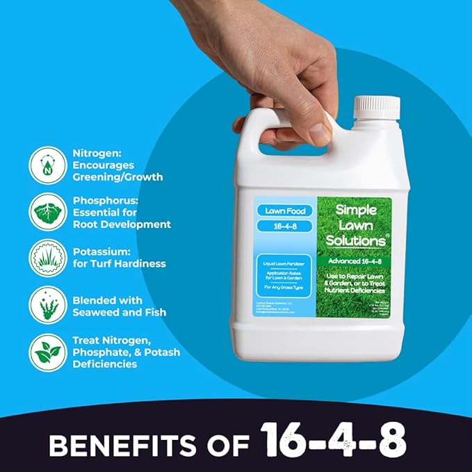 Advanced 16-4-8 Lawn Fertilizer - Liquid Lawn Food Spring & Summer Concentrated Spray - Any Grass Type- Fish and Seaweed Kelp- Balanced NPK - Simple Lawn Solutions (1 Quart)