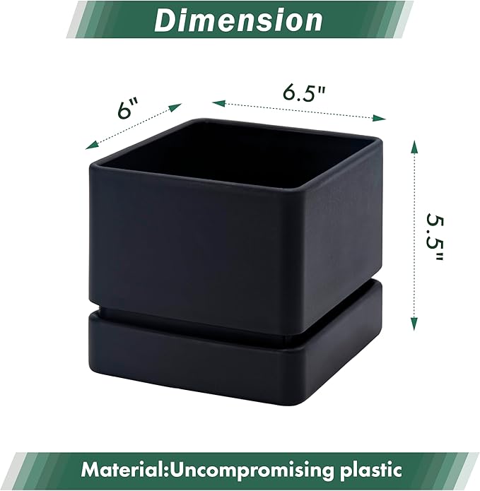 D'vine Dev 6 Inch Herb Planter Pot, Plastic Planter with Drainage Holes and Saucer, Modern Decorative Gardening Pot for Indoor Plants, Flowers, Herbs, Succulents, Black, Set of 4, 76-Y-B4-2