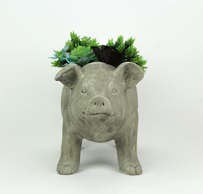 Zeckos Charming Rustic Weathered Grey Smiling Pig Resin Planter Plant Pot - Adorable Outdoor Décor Accent for Porches, Patios, Yards and Gardens - 17 Inches Long
