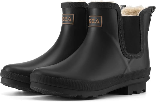 HISEA Women's Plush Rain Boots Waterproof, Chelsea Rubber Booties Women, Ladies Ankle Snow Boots for Winter Spring Garden Outdoor
