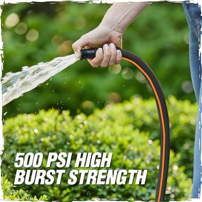 Rugged Rhino Heavy Duty Flexible Light Weight Garden Hose, 25ft x 5/8in, 4 Layer Leakproof Outdoor Gardening Tools, Watering Supplies, Powerful Water Pressure for Lawn, Flowers, Black Orange
