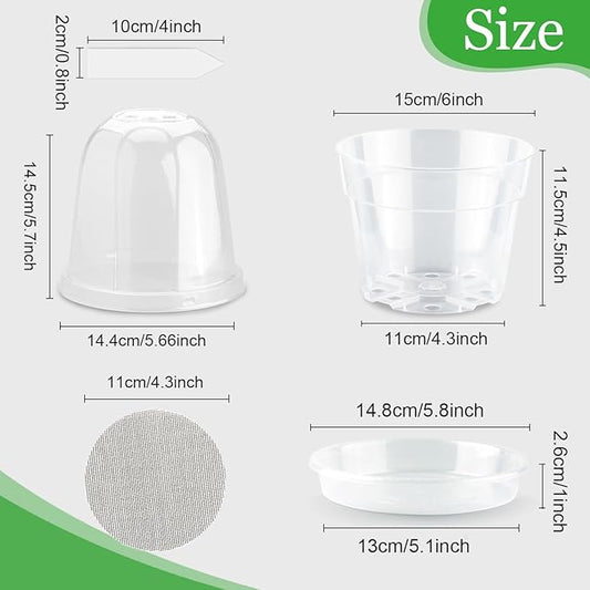 BTPLASTIK 6 Inch Clear Nursery Pots with Humidity Domes 15 Pack, Transparent Plastic Plant Pot with Drainage Holes and Saucers, Seed Starter Pots with 15 Pcs Plant Labels and 15 Pcs Soil Screens