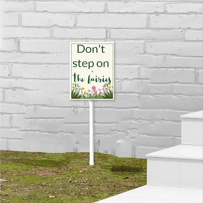 Garden Sign With Stake Don't Step On The Fairies Aluminium Sign 7X8.8Inch Wildflower Sign Retro Yard Metal Signs Lawn Grass Outdoor Aluminium Wall Decor And 12.8" Stake Kit