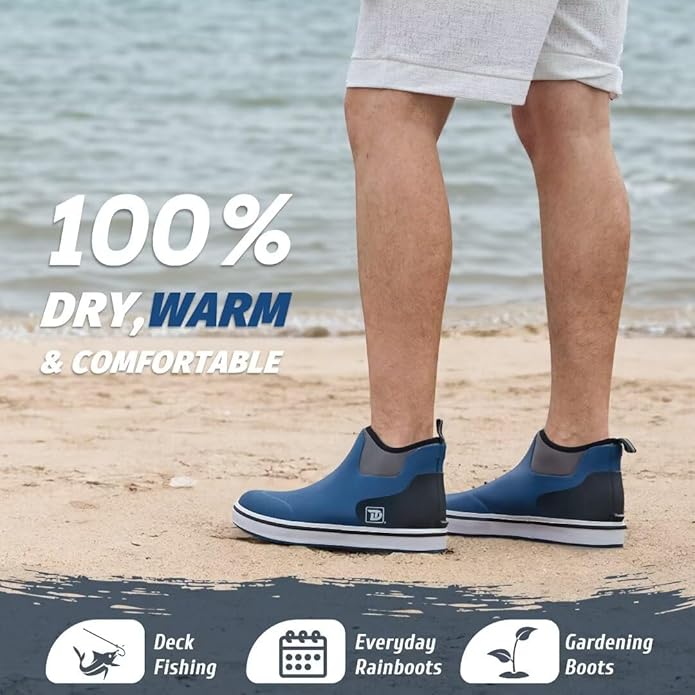 Trudave Mens Deck Boots, Waterproof Rubber Fishing Rain Boots, Anti-slip Short Ankle Shoes for Outdoor Fishing, Boating, Size 5-14