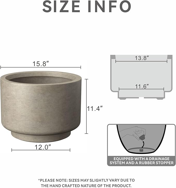 Kante 15.7 Inch Dia Concrete Planter, Round Pedestal Design Garden Pot for Indoor Outdoor Plants, Modern Flower Pot with Drainage Hole, Weathered Concrete