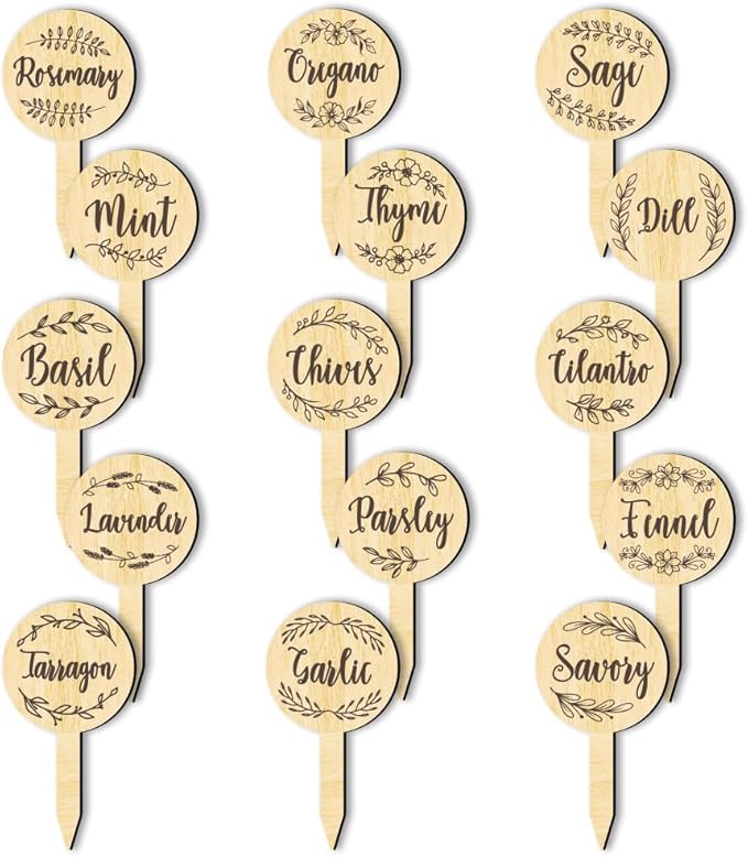 arricraft 15 Pcs Herb Plant Labels, Wooden Markers Round Shape Tags Garden Labels with Printed Leaf Decoration Wood Garden Stakes for Indoor and Outdoor Potted Seed Herbs and Herb Unique Funny Gifts