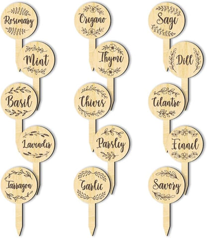 arricraft 15 Pcs Herb Plant Labels, Wooden Markers Round Shape Tags Garden Labels with Printed Leaf Decoration Wood Garden Stakes for Indoor and Outdoor Potted Seed Herbs and Herb Unique Funny Gifts