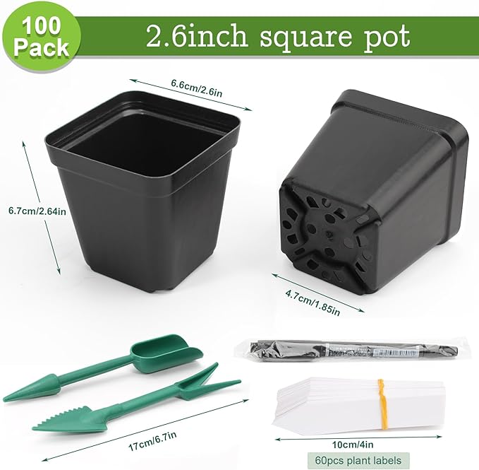 SUNPRO 100Pcs Square Nursery Pots 2.6 Inch Flexible Plastic Seedling Pots Small Plant Pot Thick Seed Starter Pot for Plants, Succulent, Flower with 60Pcs Plant Labels