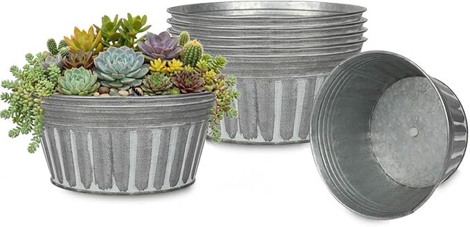 vensovo 10 Inches Silver Metal Rustic Plant Pots - 4 Pcs Large Shallow Galvanized Planters with Drain Hole and Rubber Plug, Rustproof Tin Bucket Succulent Pot Indoor Farmhouse Vintage Style for Decor