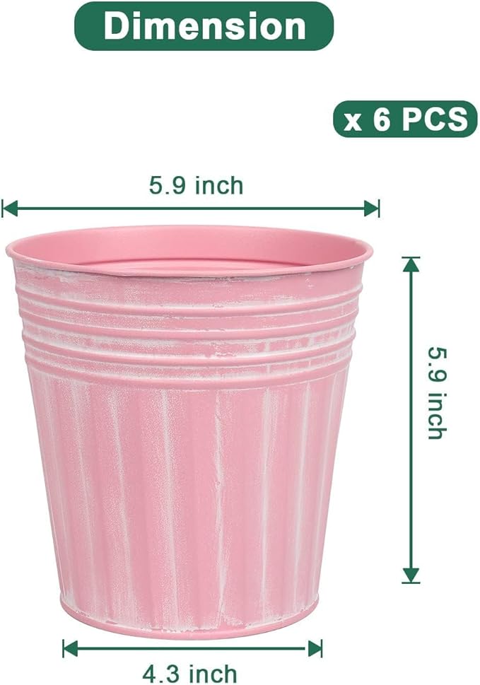 vensovo 6 Inch Pink Metal Rustic Flower Pots - 6Pcs Medium Galvanized Planters with Drainage Hole and Rubber Plug, Rustproof Metal Bucket Plant Pots Farmhouse Vintage Style for Decor