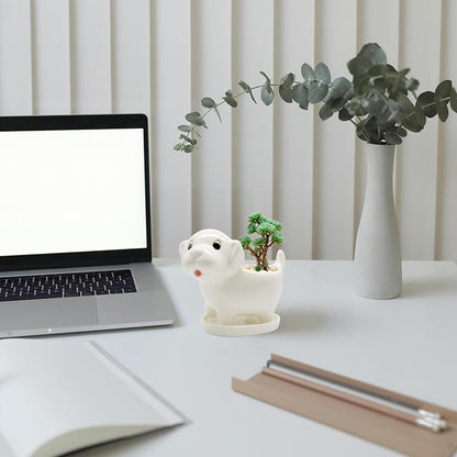 DIYOMR Cute Animal Planter Cow Dog Shaped Funny Small Succulent Pot White Ceramic Plant Pot with Tray for Mini Plants Flowers Cactus, Smooth Ceramic - Plants Not Included (Dog)