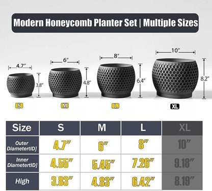Plant Pots, Modern 3D Printed Honeycomb Planters for Indoor Plants, 4.7/6/8 Inch Matte Black Decorative Flower Pot for Office Desktop, Bookshelf & Home Decor, Lightweight & Durable