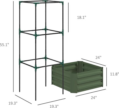 Outsunny Galvanized Raised Garden Bed, 55" Tall Outdoor Planter Box with Trellis Tomato Cage and Open Bottom for Climbing Vines, Vegetables, Flowers in Backyard, Garden, Patio, Green